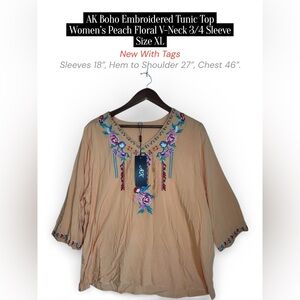 AK Boho Embroidered Tunic Top – Peach Floral – Size XL (NWT)